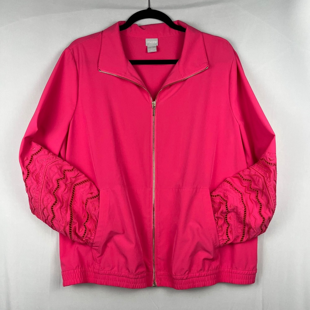Vtg 90s Y2K Chicos‎ Zenergy Windbreaker Pink Wms 16/18 Geometric Lace Sleeve EUC
